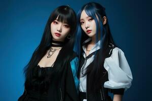 Portrait of two beautiful asian women in Fashion outfits on blue background AI Generated photo