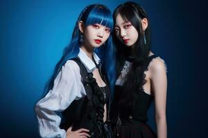 Portrait of two beautiful asian women in Fashion outfits on blue background AI Generated photo