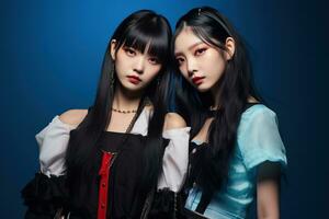 Portrait of two beautiful asian women in Fashion outfits on blue background AI Generated photo