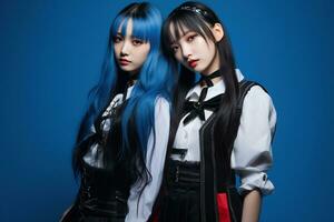 Portrait of two beautiful asian women in Fashion outfits on blue background AI Generated photo