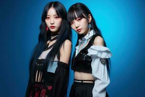 Portrait of two beautiful asian women in Fashion outfits on blue background AI Generated photo