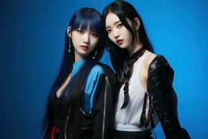 Portrait of two beautiful asian women in Fashion outfits on blue background AI Generated photo