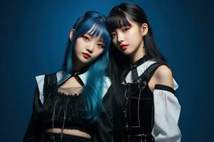 Portrait of two beautiful asian women in Fashion outfits on blue background AI Generated photo