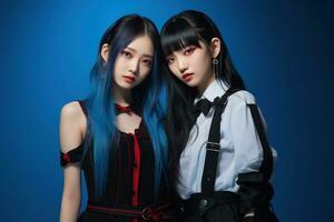 Portrait of two beautiful asian women in Fashion outfits on blue background AI Generated photo