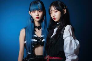 Portrait of two beautiful asian women in Fashion outfits on blue background AI Generated photo