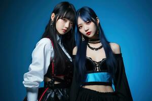 Portrait of two beautiful asian women in Fashion outfits on blue background AI Generated photo