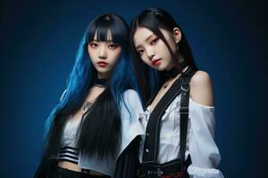 Portrait of two beautiful asian women in Fashion outfits on blue background AI Generated photo