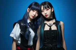 Portrait of two beautiful asian women in Fashion outfits on blue background AI Generated photo