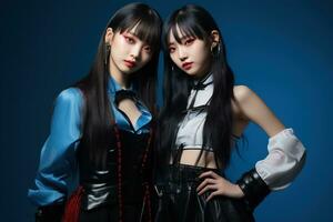 Portrait of two beautiful asian women in Fashion outfits on blue background AI Generated photo