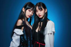 Portrait of two beautiful asian women in Fashion outfits on blue background AI Generated photo