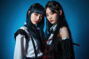 Portrait of two beautiful asian women in Fashion outfits on blue background AI Generated photo