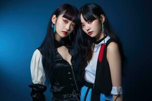 Portrait of two beautiful asian women in Fashion outfits on blue background AI Generated photo