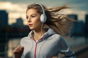 a beautiful young woman with headphones running outdoors AI Generated photo