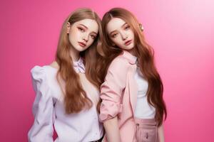 Portrait of two beautiful girls in the studio on a pink background AI Generated photo