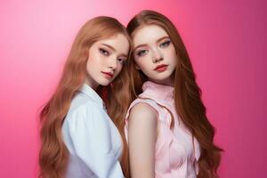 Portrait of two beautiful girls in the studio on a pink background AI Generated photo