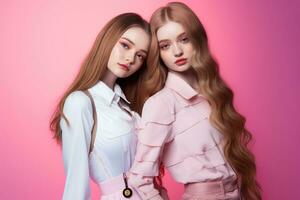 retrato de dos hermosa muchachas en el estudio en un rosado antecedentes ai generado foto