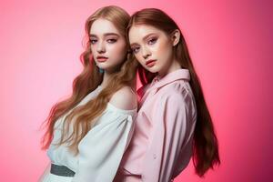 Portrait of two beautiful girls in the studio on a pink background AI Generated photo