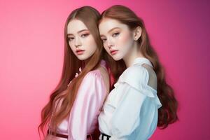 Portrait of two beautiful girls in the studio on a pink background AI Generated photo