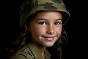 retrato de un pequeño niña en un militar uniforme. estudio disparo. ai generado foto