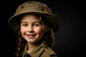 Portrait of a little girl in a military uniform. Studio shot. AI Generated photo