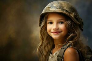 Portrait of a little girl in a military uniform. Studio shot. AI Generated photo