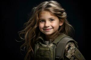 Portrait of a little girl in a military uniform. Studio shot. AI Generated photo