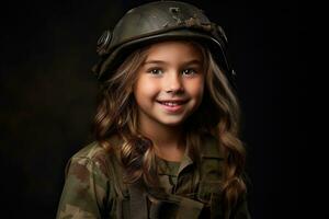 retrato de un pequeño niña en un militar uniforme. estudio disparo. ai generado foto