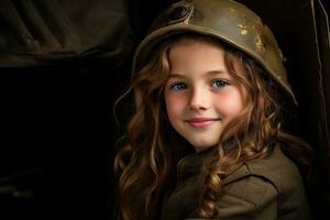 retrato de un pequeño niña en un militar uniforme. estudio disparo. ai generado foto