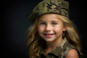 retrato de un pequeño niña en un militar uniforme. estudio disparo. ai generado foto