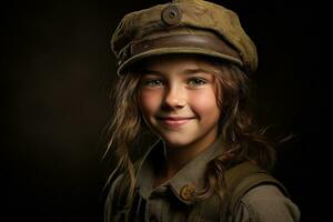 retrato de un pequeño niña en un militar uniforme. estudio disparo. ai generado foto