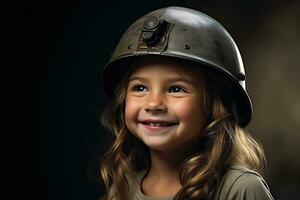 retrato de un pequeño niña en un militar uniforme. estudio disparo. ai generado foto