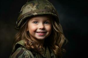 retrato de un pequeño niña en un militar uniforme. estudio disparo. ai generado foto