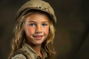 retrato de un pequeño niña en un militar uniforme. estudio disparo. ai generado foto