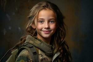 retrato de un pequeño niña en un militar uniforme. estudio disparo. ai generado foto