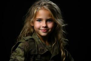 retrato de un pequeño niña en un militar uniforme. estudio disparo. ai generado foto