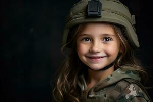 retrato de un pequeño niña en un militar uniforme. estudio disparo. ai generado foto