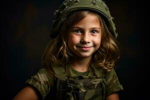 retrato de un pequeño niña en un militar uniforme. estudio disparo. ai generado foto