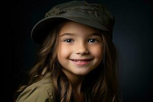 retrato de un pequeño niña en un militar uniforme. estudio disparo. ai generado foto