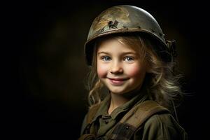 retrato de un pequeño niña en un militar uniforme. estudio disparo. ai generado foto