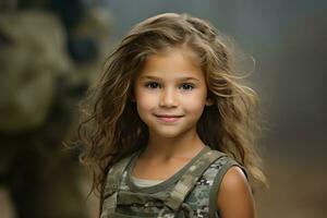 Portrait of a little girl in a military uniform. Studio shot. AI Generated photo