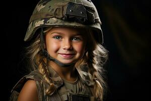 retrato de un pequeño niña en un militar uniforme. estudio disparo. ai generado foto