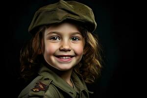 retrato de un pequeño niña en un militar uniforme. estudio disparo. ai generado foto