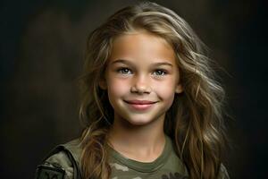 retrato de un pequeño niña en un militar uniforme. estudio disparo. ai generado foto