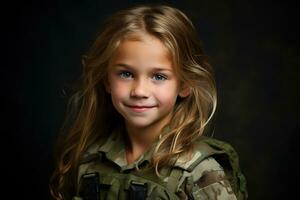 retrato de un pequeño niña en un militar uniforme. estudio disparo. ai generado foto