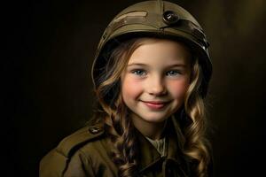 retrato de un pequeño niña en un militar uniforme. estudio disparo. ai generado foto