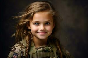 retrato de un pequeño niña en un militar uniforme. estudio disparo. ai generado foto