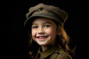 retrato de un pequeño niña en un militar uniforme. estudio disparo. ai generado foto