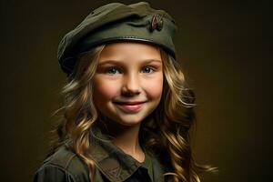 retrato de un pequeño niña en un militar uniforme. estudio disparo. ai generado foto