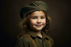 retrato de un pequeño niña en un militar uniforme. estudio disparo. ai generado foto