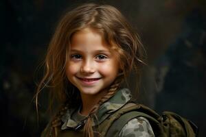 retrato de un pequeño niña en un militar uniforme. estudio disparo. ai generado foto